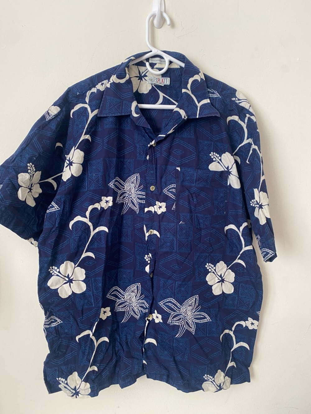 Classic Men's Navy Hawaiian Aloha Shirt - White Floral Print